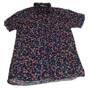 Across the Pond Floral Button Down womens Large Navy Blue Excellent Short Sleeve